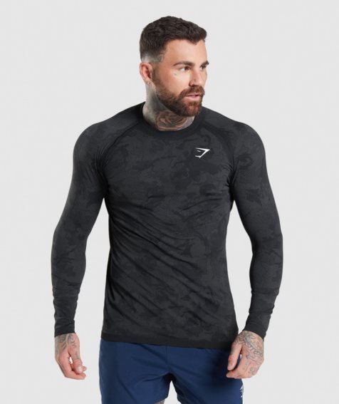 Men's Gymshark Geo Seamless Long Sleeve T-Shirts Black | CA 71AND8